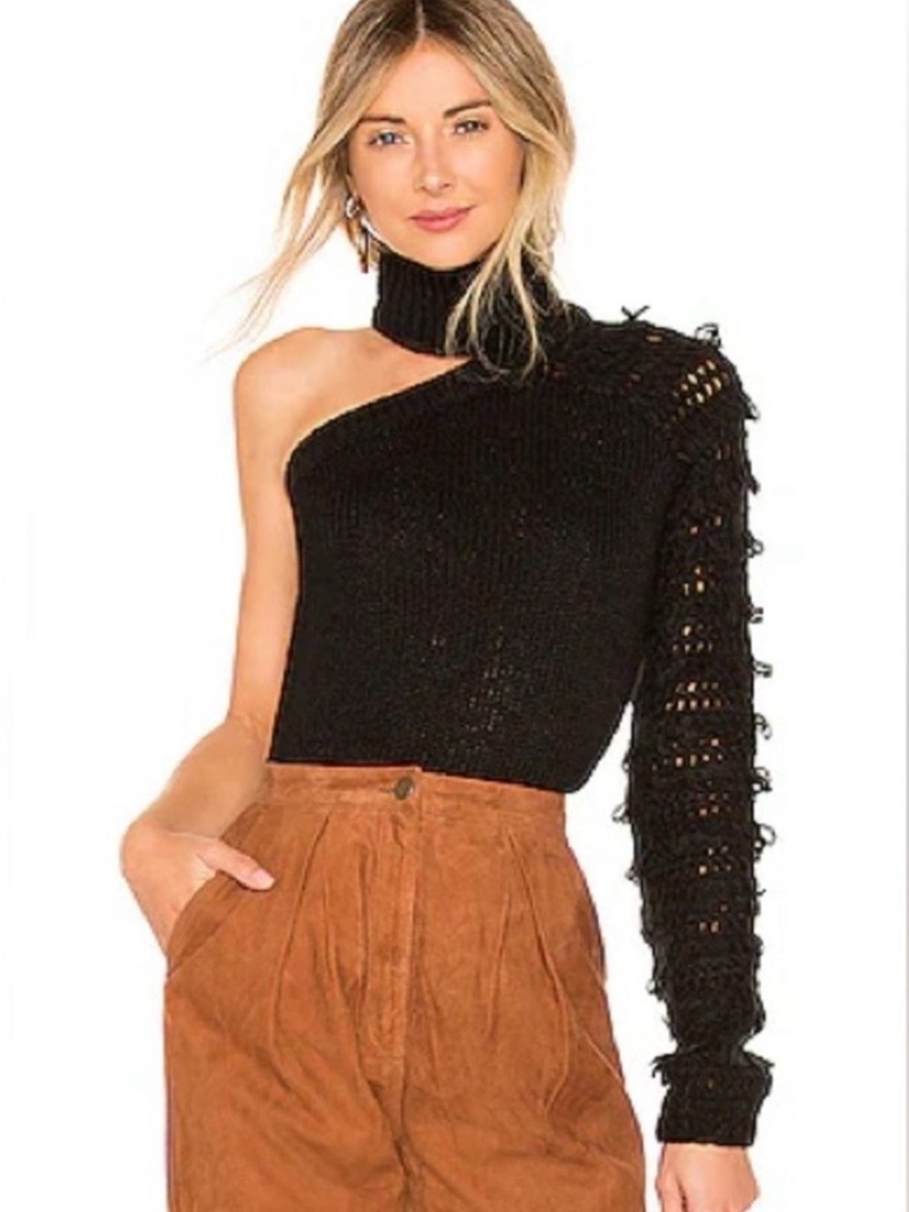 House of Harlow 1960 x Revolve “Girl Please” Black One-Shoulder knit sweater